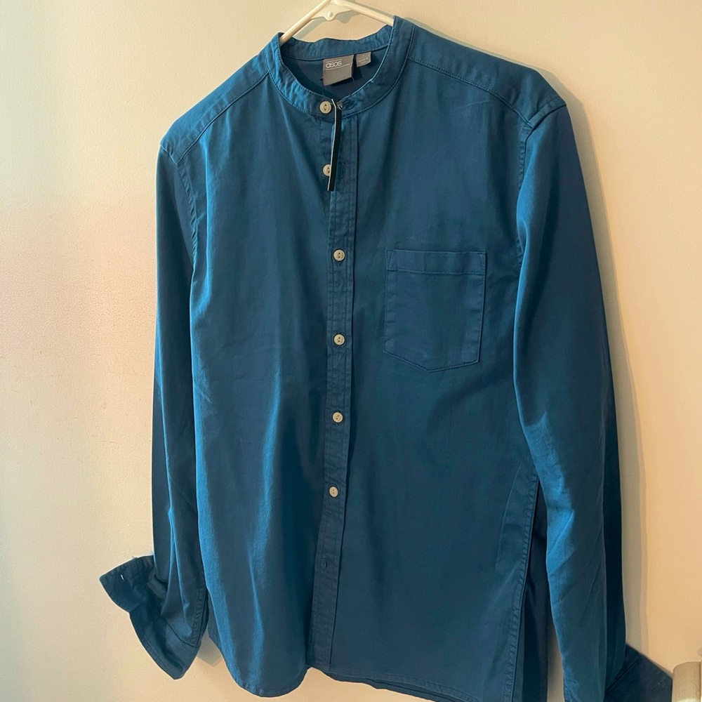 Stretch slim denim shirt with grandad collar